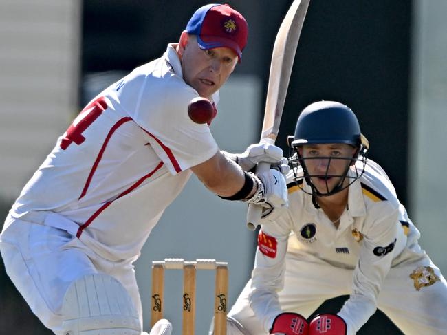 Maribyrnong Park St Mary's Jason McGann and Williamstown ImperialsÃ Oscar Florentine during the VTCA Williamstown Imperials v Maribyrnong Park St Mary's cricket match in Williamstown, Saturday, March 16, 2024. Picture: Andy Brownbil