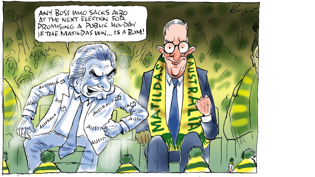 Cartoonist Mark Knight suggests in his cartoon that Prime Minister Anthony Albanese had a “Bob Hawke moment” when he called for a Matildas public holiday. Picture: Mark Knight