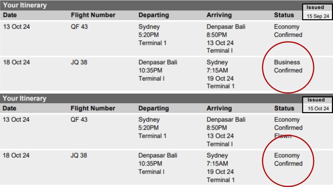 The couple booked business class (top) but unexpectedly received new e-tickets for economy (bottom) while on their holiday. Pictures: Supplied