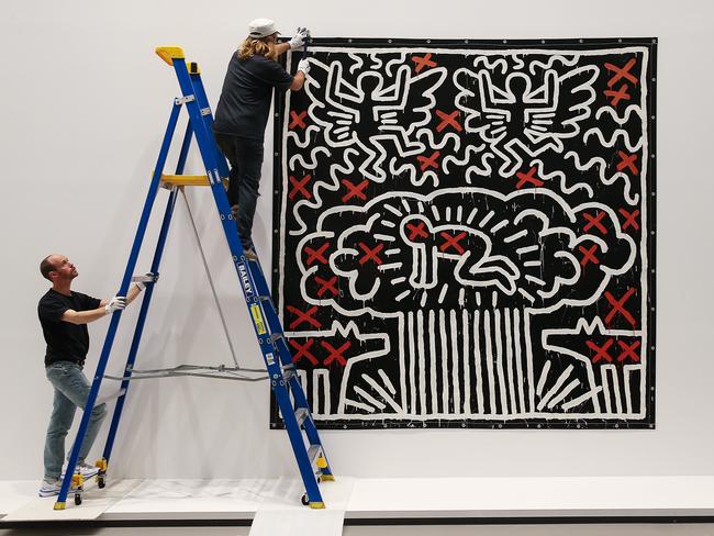 An untitled work from artist Keith Haring is hung at the National Gallery of Victoria as part of the Keith Haring and Jean-Michel Basquiat:Crossing Lines exhibition. Picture: Ian Currie