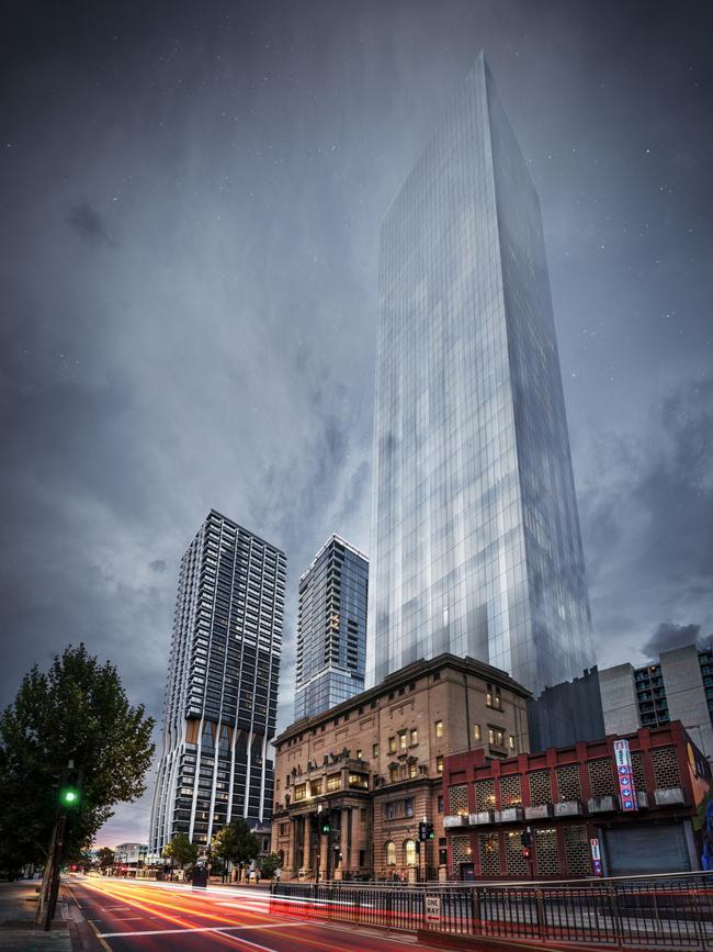 Artist's impressions of the $400 million Keystone Tower behind Freemasons Hall on North Tce. Picture: Supplied by Freemasons SA/NT