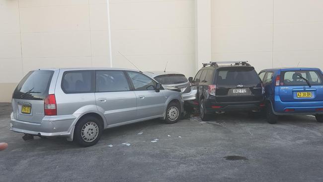 Hutchison's Mitsubishi hit a parked car so hard it shunted into two other cars. Picture: Luke Dennis.