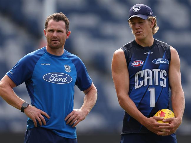 GEELONG, AUSTRALIA - MARCH 06: Patrick Dangerfield and Rhys Stanley of the Cats are seen during a Geelong Cats AFL training session at GMHBA Stadium on March 06, 2024 in Geelong, Australia. (Photo by Robert Cianflone/Getty Images)