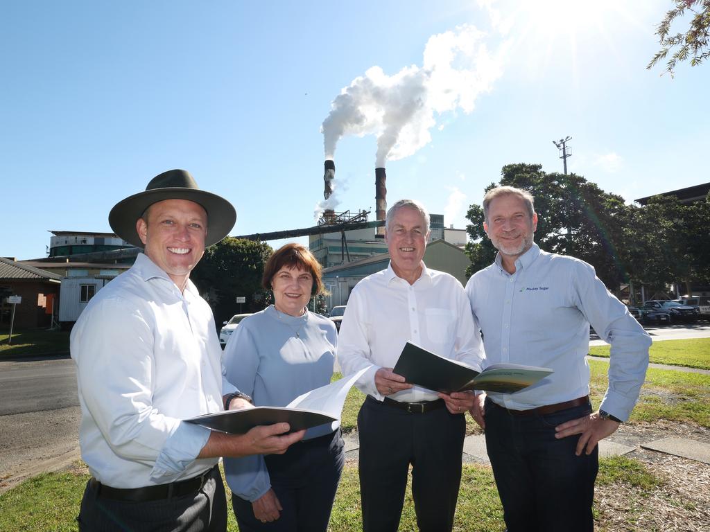 Deputy Premier Steven Miles, Mackay MP Julieanne Gilbert, Mackay Regional Council Mayor Greg Williamson, and Mackay Sugar CEO Jannik Olejas at Racecourse Mill on Wednesday, August 16, 2023, to talk about two industrial sites in Mackay being declared a State Development Area. Picture: Contributed