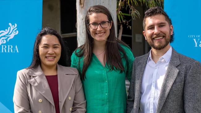 Deputy Mayor Edward Crossland with current Mayor Claudia Nguyen (left) and previous mayor Sophie Wade. Supplied: City of Yarra