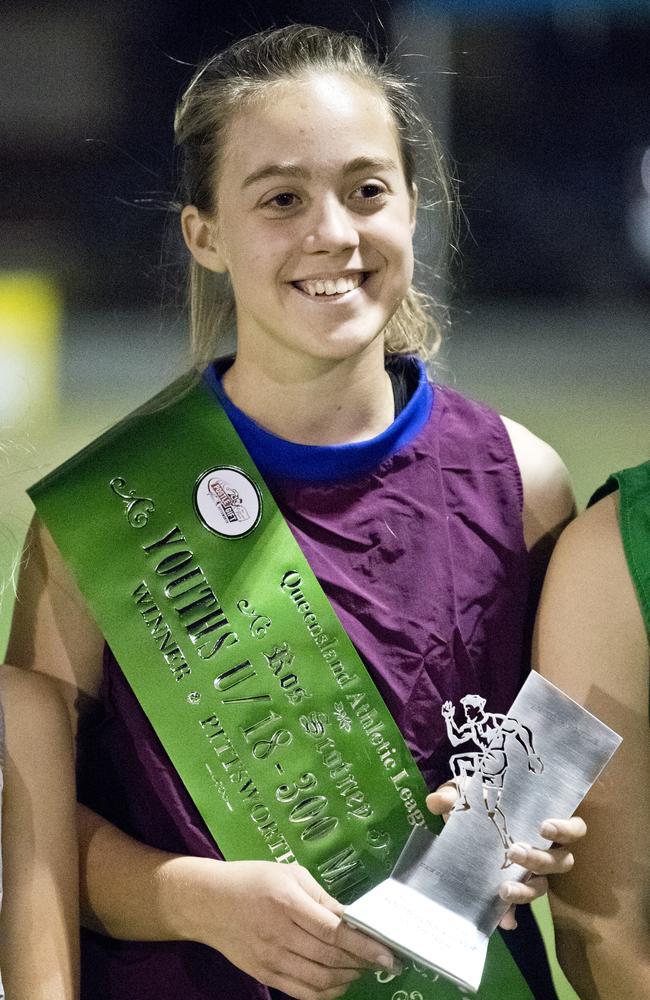 Lydia McCarthy wins the 300 metres Youths. Arthur Postle Gift at Pittsworth. Saturday, 14th Sep, 2019.