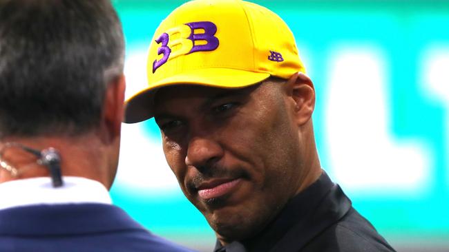 LaVar Ball broke out the Lakers coloured Big Baller Brand lid as soon as son Lonzo was drafted. Picture: Getty Images/AFP