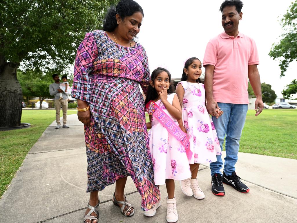 The Nadesalingam family arrives for Tharnicaa’s fifth birthday party in Biloela. Picture: Dan Peled/Getty Images