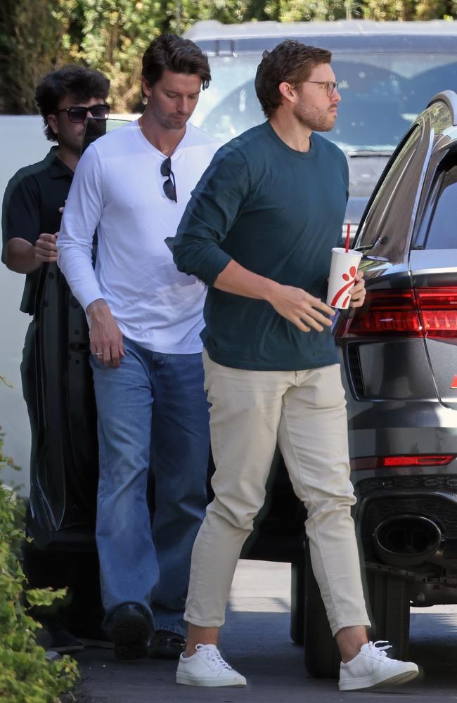 The 27-year-old, who was joined by big brother Patrick Schwarzenegger, wore a long-sleeve shirt and khaki pants during the lunch. Picture: NORTH-SUNSET / BACKGRID