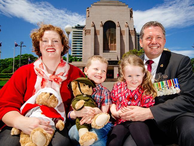 Veterans lawyer and former army officer Glenn Kolomeitz with his wife Dr Emma Gilchrist and their children Nicholas, 5, (born while his dad was serving in Afghanistan) and Lara, 3. Picture: Jonathan Ng