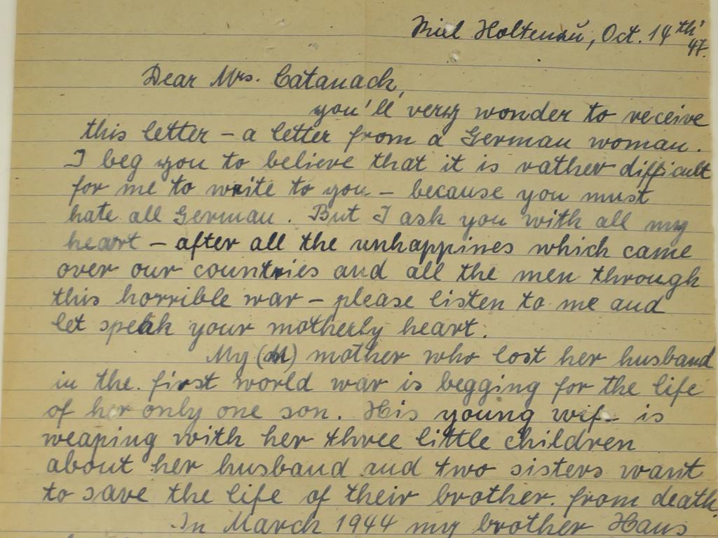 Part of the two-page letter written to the Catanach family by the sister of Hans Kaehler, one of the Gestapo men sentenced to hang after the war for the Stalg Luft III murders. Picture: The Shrine of Remembrance