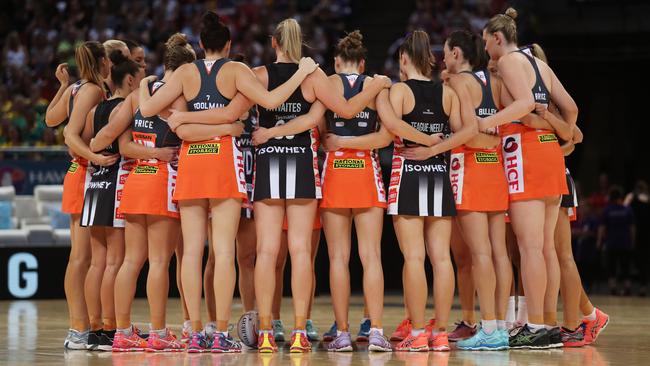 Players come together in support of Kathryn Harby-Williams before the Giants v Magpies clash. Picture: Brett Costello