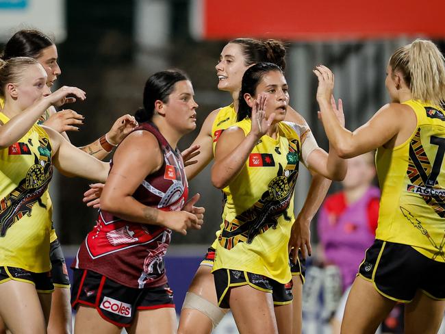 Emelia Yassir celebrates a goal. Picture: Dylan Burns/AFL Photos via Getty Images