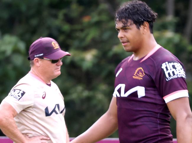 Selwyn Cobbo and Kevin Walters, at Broncos Training, Red Hill, on Monday 9th January 2023 - Photo Steve Pohlner