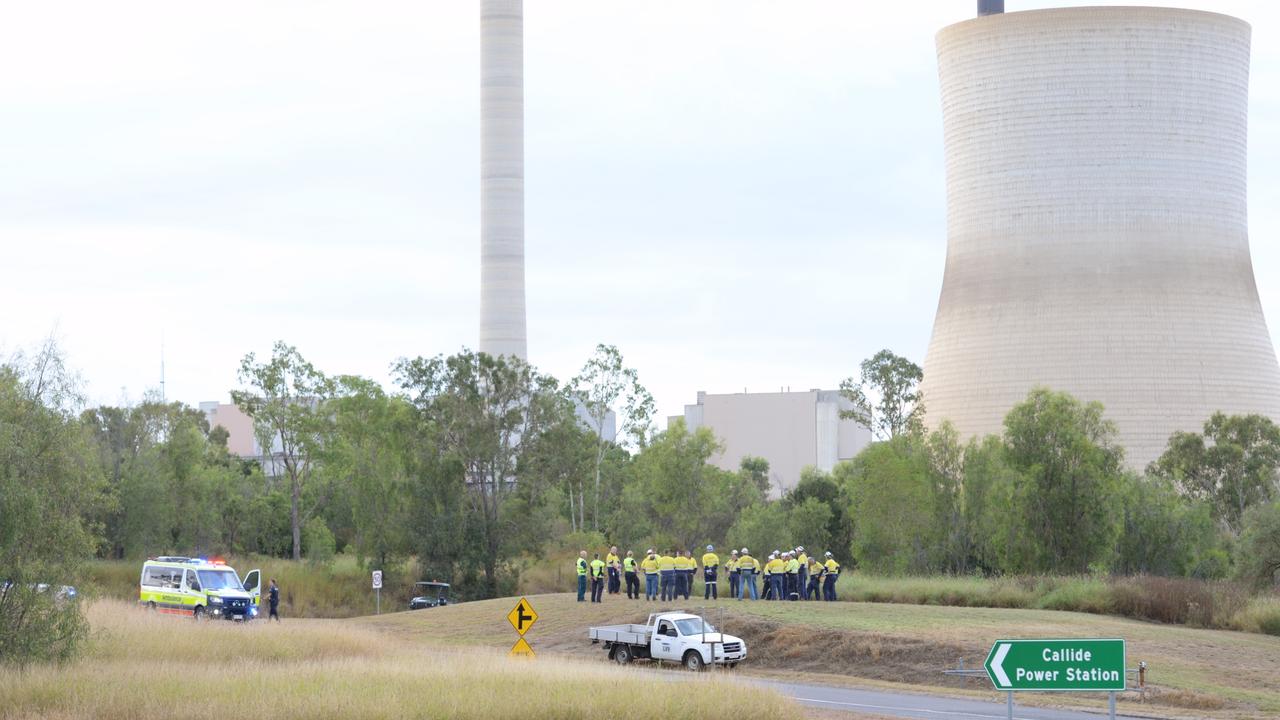 Workers from the Callide Power Station outside the site after the explosion. Picture: William Debois