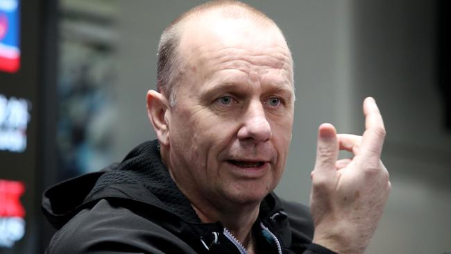 Port Adelaide coach Ken Hinkley speaks with media. Picture: Kelly Barnes/AAP