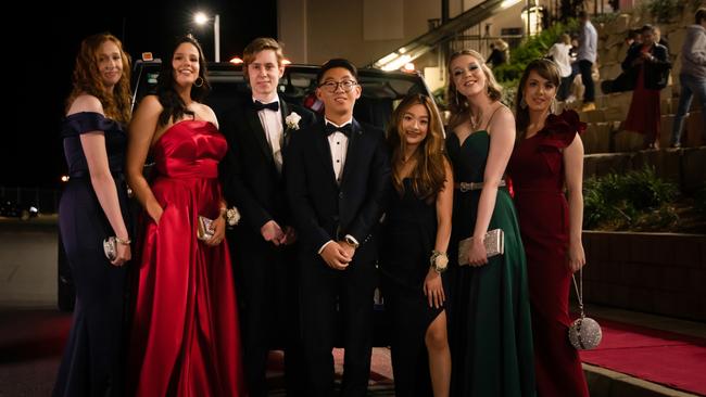 Madeline Blackwell, Georgia Bull, Thomas Fothergill, Irving Tan, Laetitia Reyes, Megan Evans and Lacey Mitchell. Hillcrest Christian College 2020 school formal. Photo: Supplied