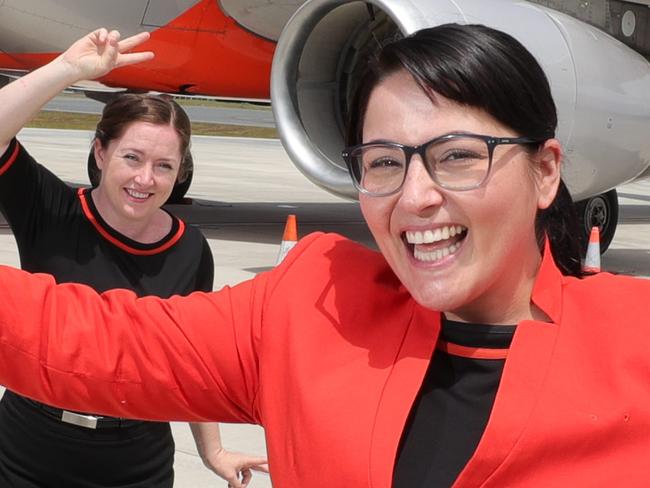 Jetstar are confidentially planning to launch new Jetstar route between the Gold Coast and Hobart as a result of the border opening, and crew cant wait to get of the Gold Coast Airport tarmac and back in the air. Left to right they are, Melanie Cramp, Siobahn Burrell, Danielle Hall and Gabby Lavis. Picture Glenn Hampson