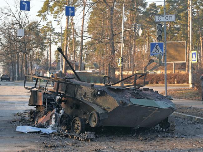 A charred armoured vehicle is seen on a street, as Russia's invasion of Ukraine continues, in the town of Bucha in the Kyiv region, Ukraine. Picture: REUTERS/Maksim Levin