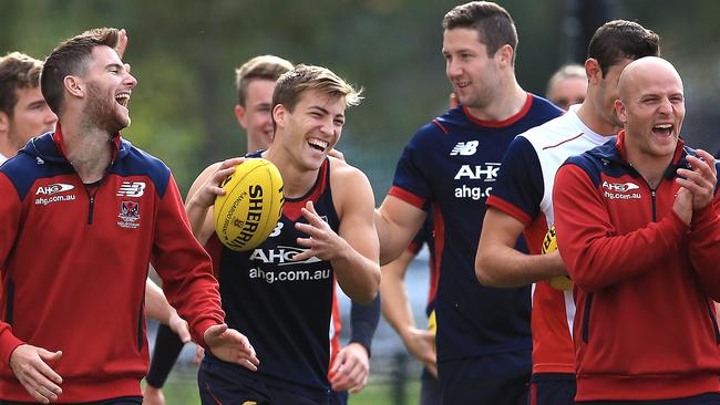 Jack Viney enjoys a lighter mood at Melbourne training today. Picture: Wayne Ludbey.