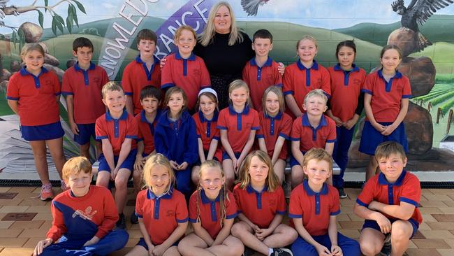 Greenlands State School teacher Mrs Leah Williamson (centre) with her grade two to four class. Photo: Supplied
