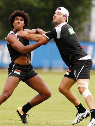 Levi Greenwood battles with Isaac Quaynor in the pre-season. Picture: Michael Klein