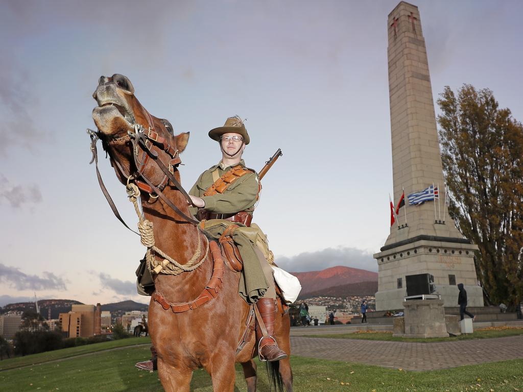 David Thomas of C squadron, 3rd Lighthorse Regiment, Historic Troop at the Anzac Day dawn service at the Hobart cenotaph. Picture: PATRICK GEE