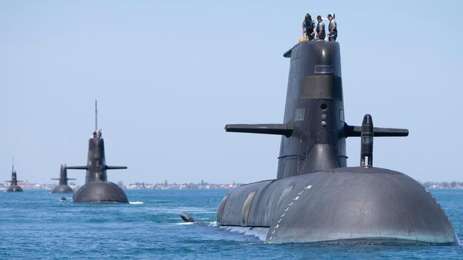 Collins Class submarines, HMAS Collins, HMAS Farncomb, HMAS Dechaineux and HMAS Sheean in formation while transiting through Cockburn Sound, Western Australia.