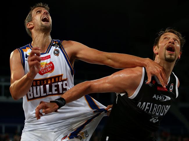 MELBOURNE, AUSTRALIA - OCTOBER 20: Daniel Kickert of the Brisbane Bullets (L) and David Anderson of Melbourne United compete for the ball during the round three NBL match between Melbourne United and Brisbane Bullets at Hisense Arena on October 20, 2016 in Melbourne, Australia. (Photo by Jack Thomas/Getty Images)