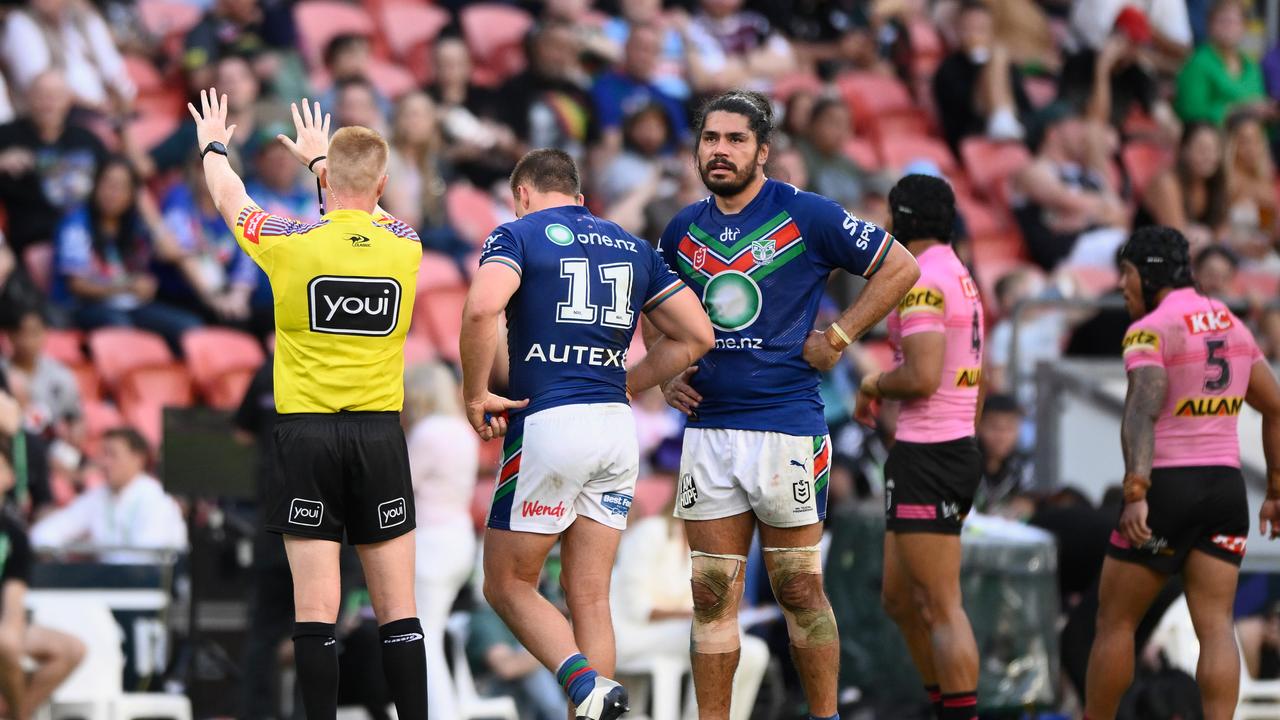 Warriors star Jackson Ford was sin-binned for a possible hip drop tackle on Panthers' Spencer Leniu. Picture: NRL Imagery.