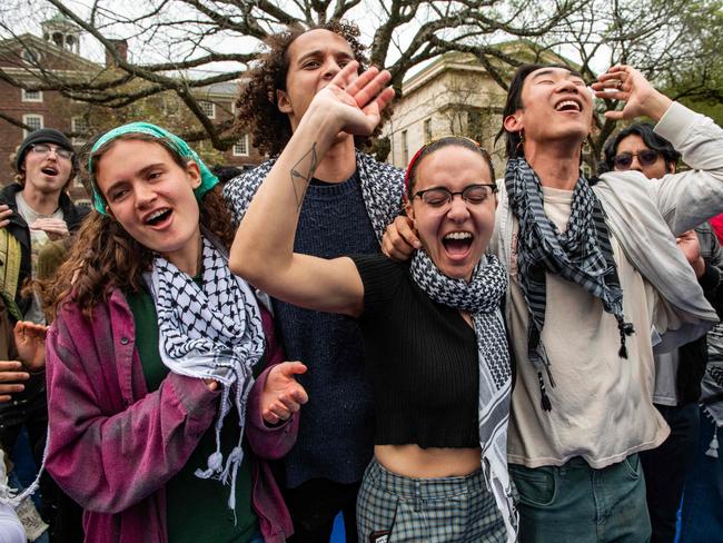 Pro-Palestinian students celebrate reaching a deal with the administration at Brown University, bringing an end to their encampment. Picture: AFP