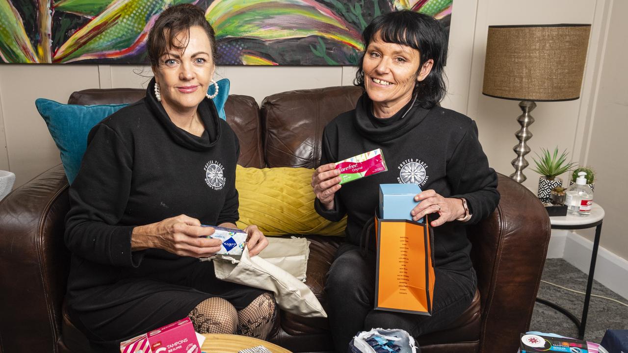 Protea Place health and wellbeing officer Gabe Schnitzerling (left) and co-ordinator Susy Wenitong prepare care packages to combat period poverty in the region, Friday, August 12, 2022. Picture: Kevin Farmer