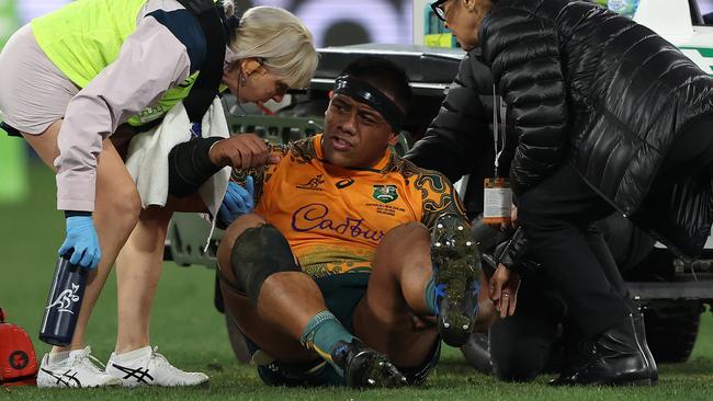 Allan Alaalatoa of the Wallabies comes off the ground with an injury . (Photo by Robert Cianflone/Getty Images)