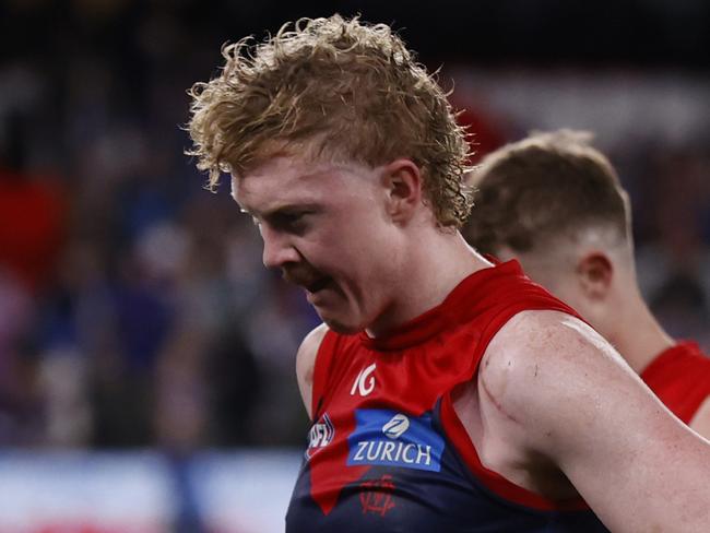 MELBOURNE, AUSTRALIA - AUGUST 02:  A dejected Clayton Oliver of the Demons is seen the round 21 AFL match between Footscray Football Club and Melbourne Demons at Marvel Stadium, on August 02, 2024, in Melbourne, Australia. (Photo by Darrian Traynor/Getty Images)