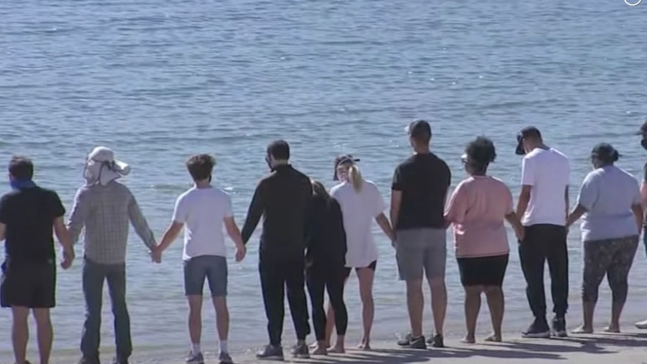 Glee star Heather Morris mourns with Naya Rivera's family at Lake Piru. Picture: KABC