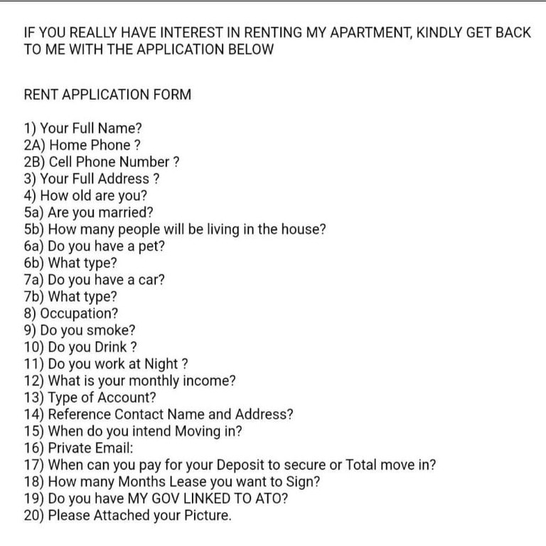 A social media user discovered this list of invasive questions from a local landlord. Picture: Facebook