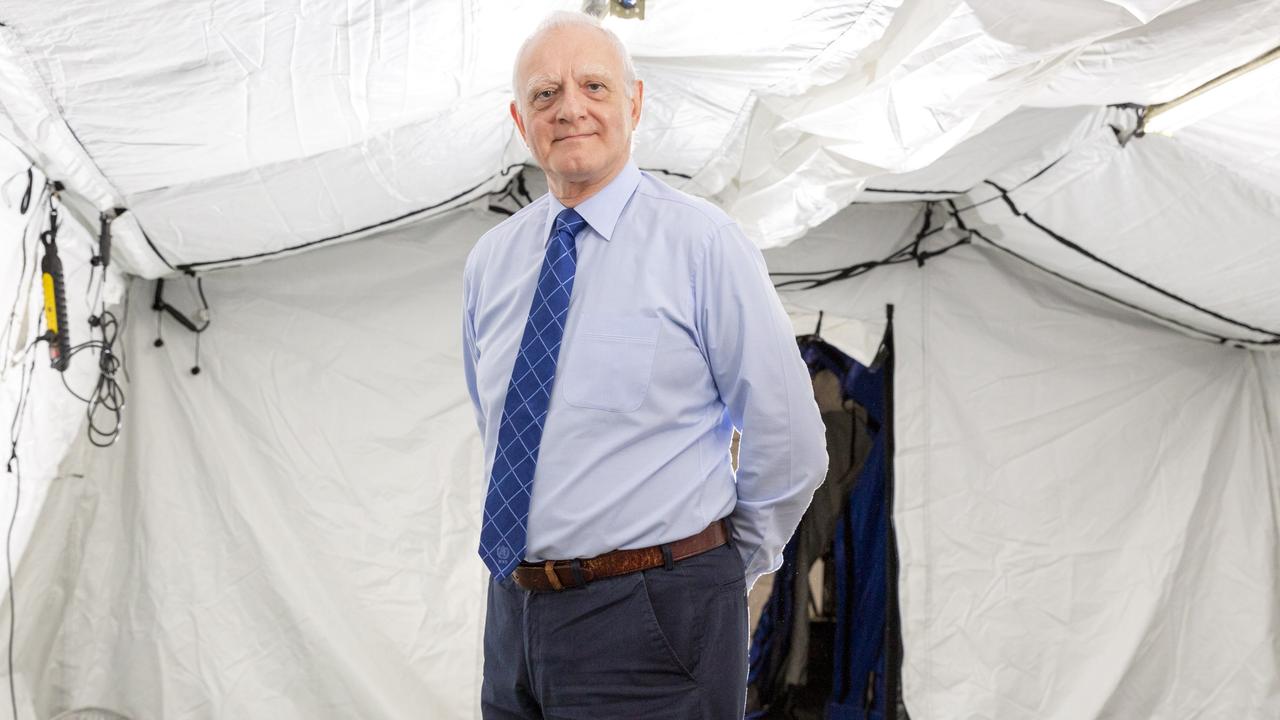 National Critical Care and Trauma Response Centre executive director Dr Notaras standing in a temporary hospital that can be established in any crisis scene in 24 hours. Picture: Floss Adams.