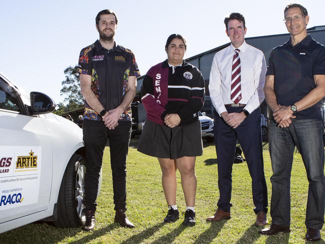 ltr Steven Page, Kerry Cohen, Andrew Peach, David Contarini and Jada Cohen pose for a photograph at Marsden High School, Wednesday June 24, 2020. The Artie Beetson Academy is celebrating its 10th anniversary at Marsden High School. (Image Sarah Marshall)