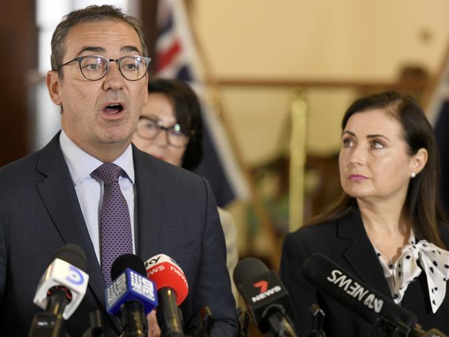 ADELAIDE, AUSTRALIA - February 16, 2021 - Premier Steven Marshall, Attorney-General Vickie Chapman & Minister Rachel Sanderson at Old Parliament House for a press conference regarding the Rice Review. Picture: Naomi Jellicoe