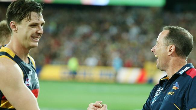 Crows defender Jake Lever, left, upset senior Adelaide players during the AFL finals series leading some to ask coach Don Pyke, right, to keep him out of the line-up while there was no commitment to stay with the club beyond this season. Picture: Michael Klein.