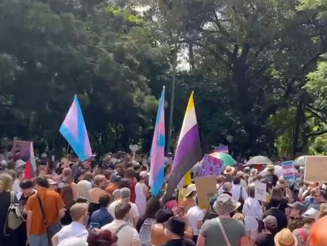 Hundreds gather to protest the government's ban on gender hormones.