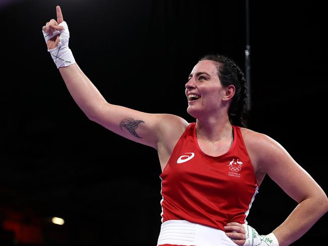 PARIS, FRANCE - AUGUST 04: Caitlin Parker of Team Australia celebrates victory against Khadija Mardi of Team Morocco after the Women's 75kg Quarter-final match on day nine of the Olympic Games Paris 2024 at North Paris Arena on August 04, 2024 in Paris, France. (Photo by Richard Pelham/Getty Images)