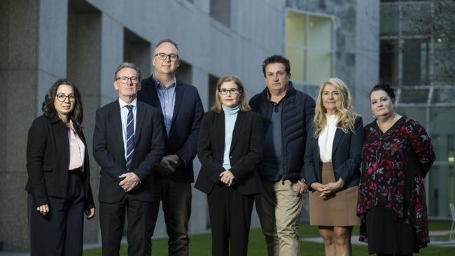 Parents who travelled to Canberra to campaign against young people's access to social media, along with Clinical Psychologist Simon Wilksch, Executive Director Eating Disorders Families Australia Jane Rowan and Professor Selena Bartlett. Picture: NCA NewsWire