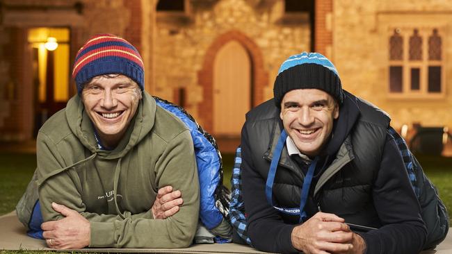 Advertiser reporter Paul Starick and Premier Peter Malinauskas at the Vinnies CEO Sleepout in Adelaide, Thursday, June 23, 2022. Picture: MATT LOXTON