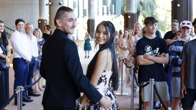 Melody Neal arrives at the Peace Lutheran College formal evening on Thursday at the Cairns Convention Centre with her date Hunter Smith. Picture: Brendan Radke