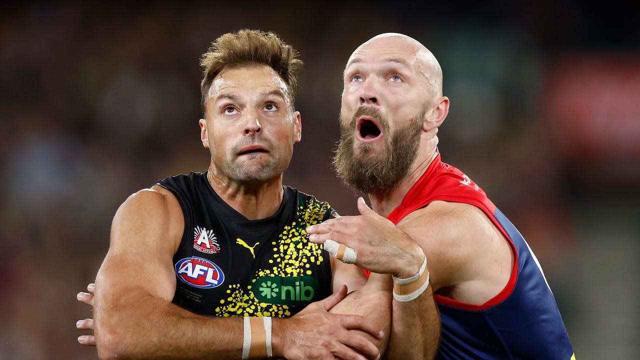 Toby Nankervis of the Tigers and Max Gawn of the Demons compete. (Photo by Michael Willson/AFL Photos via Getty Images)