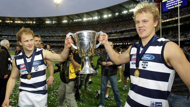 Brothers and teammates ... Gary and Nathan Ablett soaking up the success of Geelong's 2007 premiership.