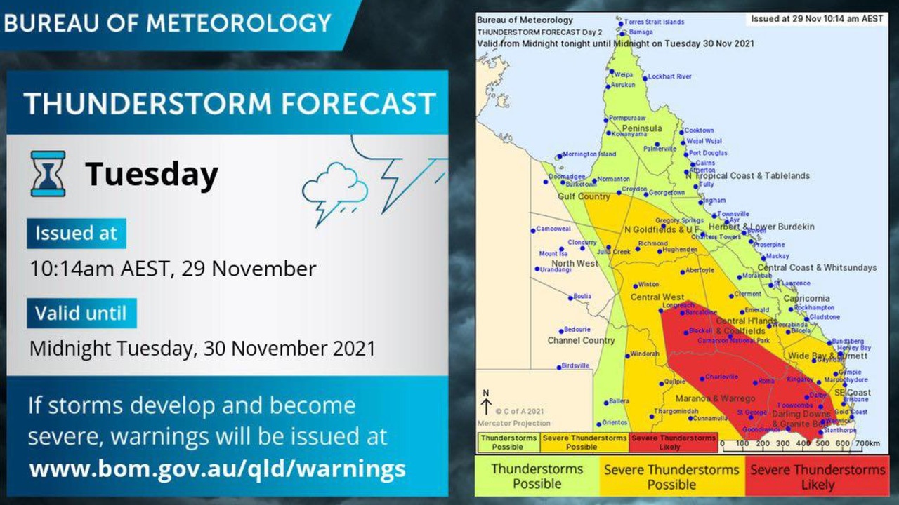 The Bureau of Meteorology has forecast storms for Tuesday, November 29.