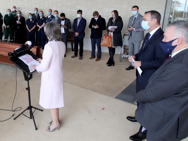 Hospital staff watch Premier Steven Marshall along with SA Health Minister Stephen Wade, Professor Nicola Spurrier during the Covid update press conference at the Modbury Hospital. Picture: NCA Newswire/ Kelly Barnes