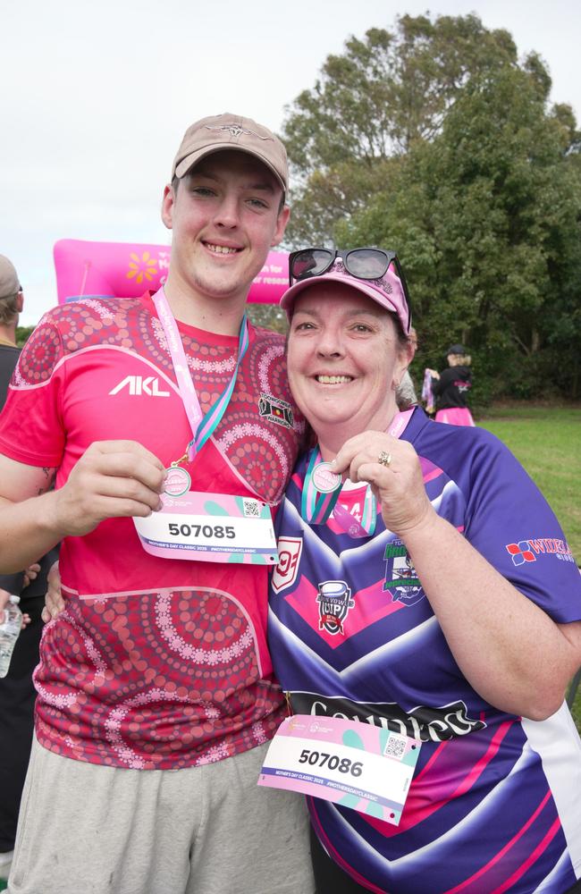Karen Pomfrett and son Matt at the Mother's Day Classic Toowoomba fun run at Middle Ridge Park, which raised money for breast and ovarian cancer research.